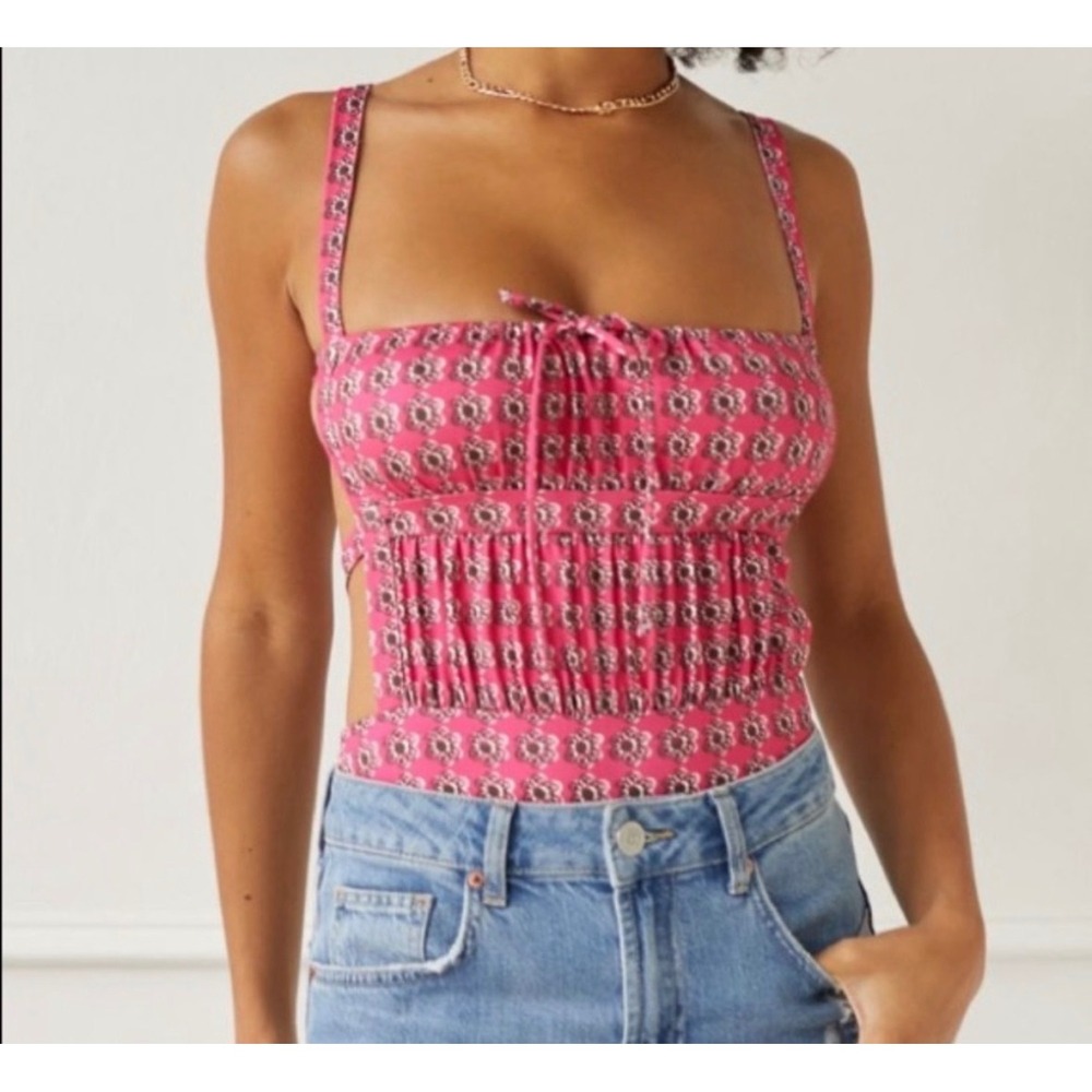Pink Floral Cut Out Open Back Tie Bodice Thong Bodysuit Top Womens